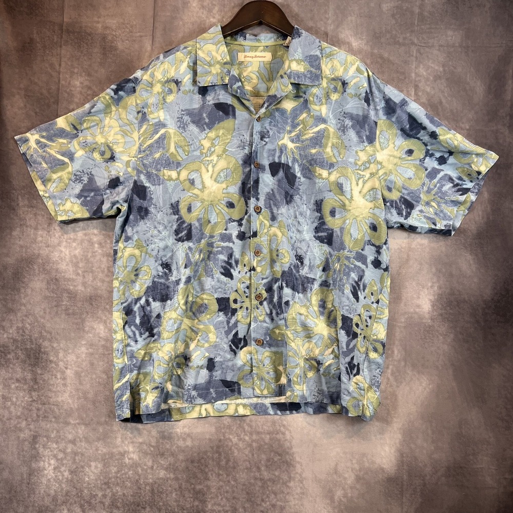 Tommy‎ Bahama Shirt Men's XL Tie Dye 100% Silk Blue Floral Hawaiian Watercolor